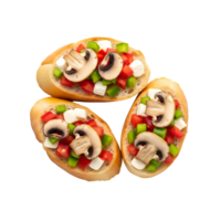 Three slices of bruschetta topped with mushrooms, tomatoes, and cheese isolated on transparent background png