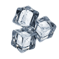 Three ice cubes with water droplets are isolated on transparent background png