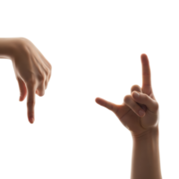 Two hands isolated on transparent background, one pointing down and the other making the rock and roll sign png