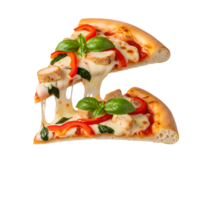 Two delicious slices of chicken pizza with basil and red pepper are isolated on transparent background png
