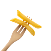 Two golden french fries are skewered on a wooden fork isolated on transparent background png