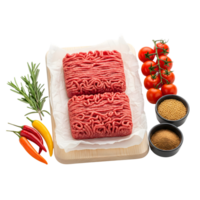 Two portions of fresh raw minced meat with tomatoes, chili peppers, and rosemary isolated on transparent background, ready for cooking png