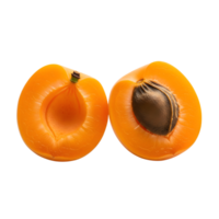 Two halves of a vibrant orange apricot, one with a seed, sit against a stark transparent background, showcasing their fresh and juicy texture png