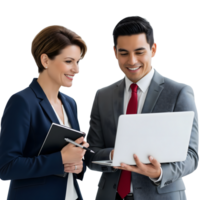 Two smiling business colleagues are collaborating on a project, looking at a laptop and taking notes, showcasing teamwork and professional success isolated on transparent background png