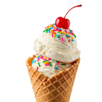 Vanilla ice cream cone with sprinkles and a cherry isolated on transparent background png