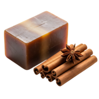 A bar of natural soap sits beside fragrant cinnamon sticks and a star anise, isolated on transparent background png