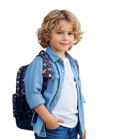 A cute blond schoolboy with a backpack is smiling on an isolated transparent background, ready for a day of learning and adventure png