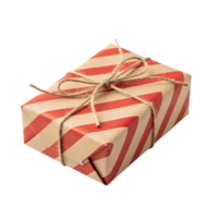 A beautifully wrapped gift with red stripes and a rustic twine bow isolated on transparent background png