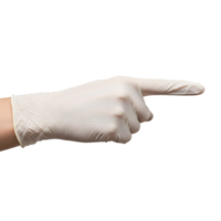 A hand wearing a white latex glove is pointing to the right, isolated on transparent background png