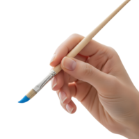 A hand holds a paintbrush with blue paint on a transparent background, ready to create art png