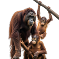 A family of orangutans, including a mother and two babies, isolated on transparent background png