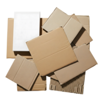 A stack of assorted cardboard boxes and sheets are piled together, isolated on transparent background png