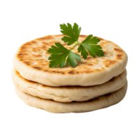 A stack of three golden flatbreads topped with fresh parsley isolated on transparent background png