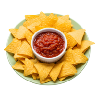 A plate of tortilla chips with salsa dip isolated on transparent background, perfect for a party png