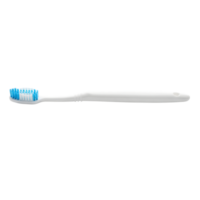 A white toothbrush with blue bristles is lying horizontally, isolated on transparent background png