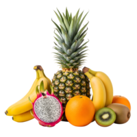 A vibrant assortment of tropical fruits including pineapple, bananas, oranges, kiwi, and dragonfruit isolated on transparent background png