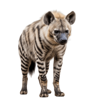 uma listrado hiena carrinhos alerta em uma avião transparente fundo, Está listrado pele padronizar claramente visível, isolado em transparente fundo png