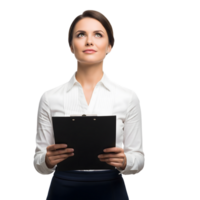 A thoughtful businesswoman with clipboard looks up, isolated on transparent background, embodying ambition and professional aspiration png