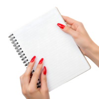 mulher mãos com vermelho unhas segurando uma em branco espiral caderno isolado em transparente fundo png
