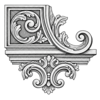 Intricate Black and White Stipple Architectural Ornament Rococo Style Corner Detail isolated on a transparent background png