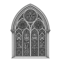 Gothic Arch Window Stained Glass Detailed Line Art Black and White Religious Figures isolated on a transparent background png