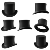 Nine black top hats various angles 3 D render isolated on a transparent background black hat png