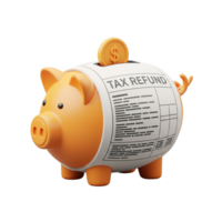 Orange Piggy Bank Wrapped in Tax Refund Form with Gold Coin on Top isolated on a transparent background png