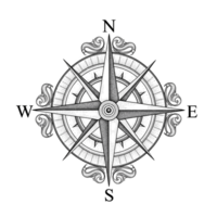 Ornate Silver Compass Rose with Purple Accents on Black Background isolated on a transparent background png