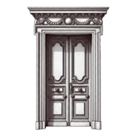 Ornate Double Door Stippled Engraving Grey White Black Architectural Entrance Isolated on a transparent background png