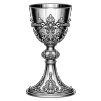 Ornate Silver Chalice with Intricate Floral Design and Stippled Texture isolated on a transparent background png