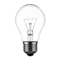 A clear glass lightbulb with a visible filament stands isolated on transparent background png
