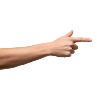 A caucasian hand is pointing a finger forward, isolated on transparent background png