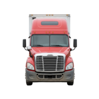 Front view of a red freightliner semi truck isolated on transparent background png
