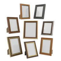 Eight Empty Picture Frames Various Wood Tones and Metal Accents Isolated on a transparent background png