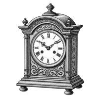 Antique Mantel Clock Stippled Illustration Black and White Roman Numerals Ornate Design isolated on a transparent background png