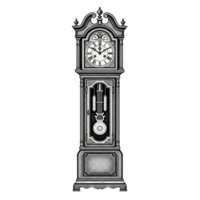 Antique Grandfather Clock Stipple Illustration Black and White Tall Case Clock Timepiece isolated on a transparent background png