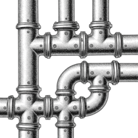 Stippled Illustration of Interconnected Metal Pipes Industrial Plumbing System Grey Scale isolated on a transparent background png