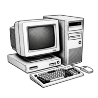 Vintage Desktop Computer System with C R T Monitor Keyboard and Mouse Halftone Illustration isolated on a transparent background png