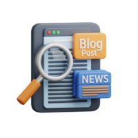 3 D Render of Smartphone Displaying Blog Post and News Article with Magnifying Glass isolated on a transparent background png