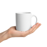 A pristine white mug rests gently in a hand, isolated on transparent background png