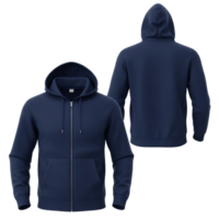 A navy blue hooded sweatshirt with a zipper, isolated on transparent background, shown from the front and back png