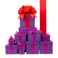 A stack of purple gift boxes tied with pink and red ribbons, isolated on transparent background png