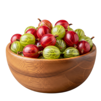 A wooden bowl filled with ripe red and green gooseberries, isolated on transparent background png