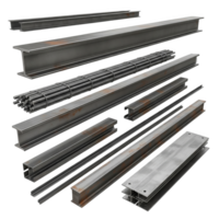 An array of steel beams and rebar, isolated on transparent background, showcasing various structural metal profiles with hints of rust png