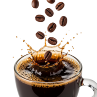 Aromatic coffee beans cascading into a glass mug, creating a splash, isolated on transparent background png