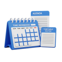 Blue and white calendar with time reminders, agenda, and timetable meeting isolated on transparent background png