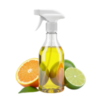 Citrus infused cleaning spray in a clear bottle with orange and lime, isolated on transparent background png