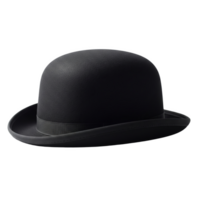 A classic black bowler hat, isolated on transparent background, with a subtle ribbon detail png