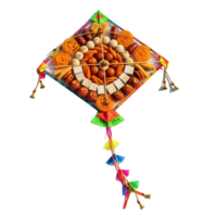 A colorful kite made of assorted indian sweets, isolated on transparent background png