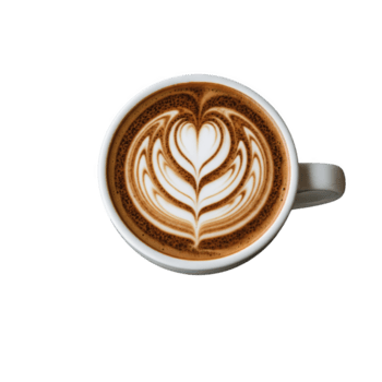A frothy cappuccino with latte art forming a delicate heart and leaf pattern, isolated on transparent background png